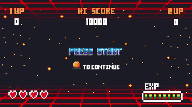 Set of arcade.pixel art .8 bit game.retro game. for game assets in vector illustrations.Retro Futurism Sci-Fi Background. glowing neon grid.and stars from vintage arcade comp	