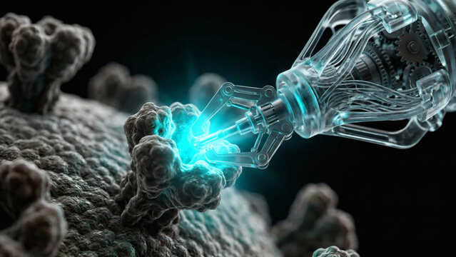 Extreme macro photography of a synthetic polymer nanobot locking onto a virus receptor with cyan bioluminescence