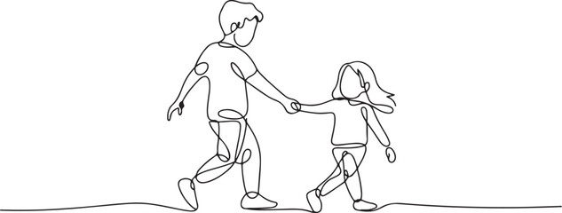 Fototapeta premium continuous line of brother helping sister.one line drawing of brother pulling sister's hand while adventuring outdoors.one line vector illustration with out Background