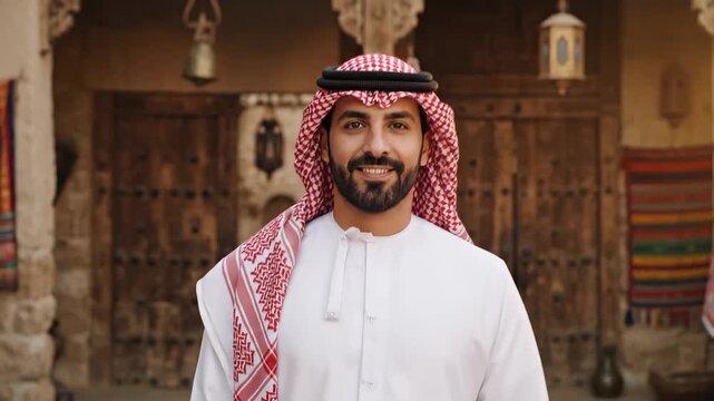 Smiling young Arab man in traditional ghutra and thobe against an authentic Middle Eastern cultural backdrop