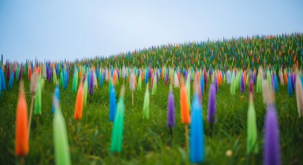 Vibrant colorful sticks in a lush green field on a sunny day