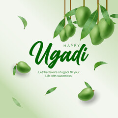 Obraz premium Fresh and modern Ugadi festival vector design featuring hanging raw mangoes and green leaves with stylish typography. Clean pastel background makes it ideal for social media posts, greeting cards.