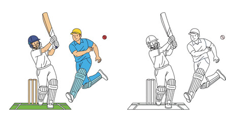 Cricket match action vector illustration featuring a batsman hitting the ball and a running fielder, showing both colored and black and white line art outline versions. © SHOHAG