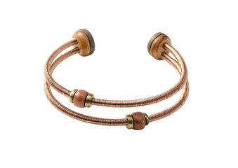 Copper cuff bracelet with wood beads, open design, warm light, dark background