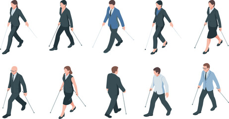 Fototapeta premium Blind business people walking with white cane set, visually impaired men and women vector illustration isolated