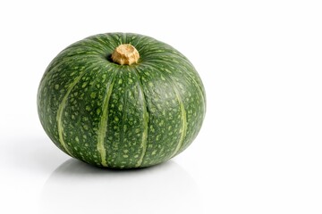 Studio photo whole japanese kabocha pumpkin on glossy white acrylic with subtle reflection isolated on white high key minimal copy space