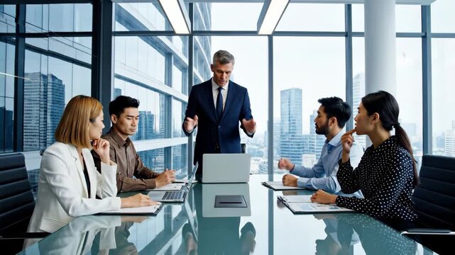 Corporate leader leads a diverse team meeting in a modern conference room with city views