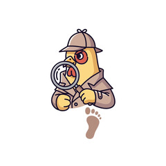 Naklejka premium Cartoon chicken detective with magnifying glass and footprint illustration