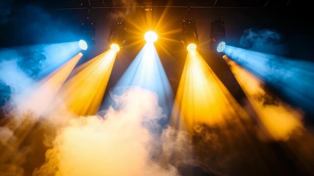 Bright blue and orange stage spotlights shining through thick fog during a live concert event performance