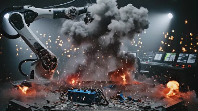 Industrial robot arm creating dramatic sparks during destructive testing, welding gripper smashes prototype electronics, explosion and smoke on testbench, safety officer monitoring telemetry
