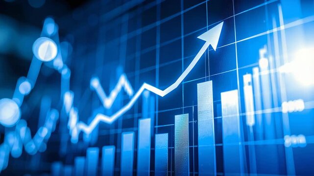 Blue financial stock market graph showing rising bar charts and upward arrow for business success and profit growth