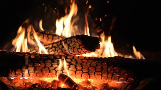 Macro shot of splitting dry firewood for a cozy winter fireplace.