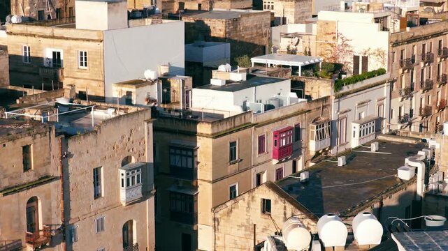 Historic Town Of Valletta At Sunrise In Valletta, Malta. Aerial Shot