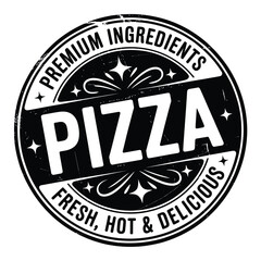 Fototapeta premium Black and white pizza logo with premium ingredients text