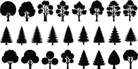 Black tree silhouette collection featuring deciduous oaks, coniferous pines, forest evergreens, and diverse leaf shapes for environmental nature design, landscape architecture,  © ShuvoKumar