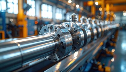 Fototapeta premium Gleaming Chrome Hydraulic Piston Assembly in a Modern Industrial Factory Setting