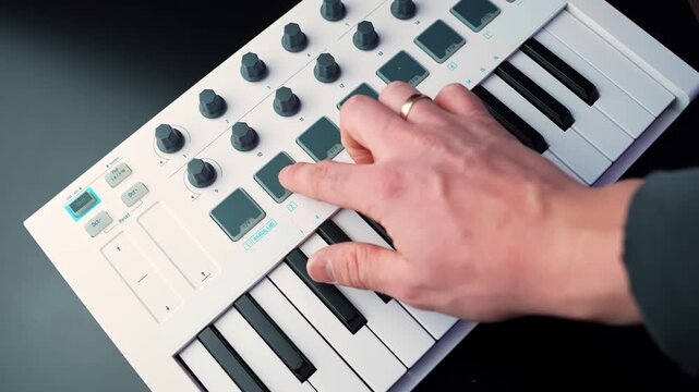 Close-up hand triggers drum pads and tweaks knobs on a MIDI controller keyboard, building a beat in a minimalist home studio. Modern creator workflow b-roll.