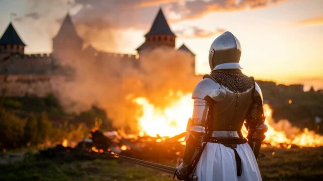 Medieval knight in plate armor holding a sword looking at fire and smoke with a fortress in the background at sunset
