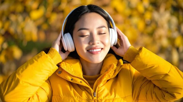 Happy young Asian woman wearing a bright yellow puffer jacket listening to music with white headphones in a sunny autumn park