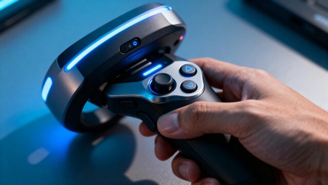 Hand holding a glowing VR controller