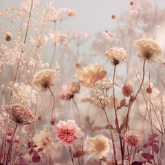 Naklejka premium Soft Focus Delicate Floral Meadow With Pink Yellow and White Blooms Gentle Sunlight Creates Dreamy Atmosphere