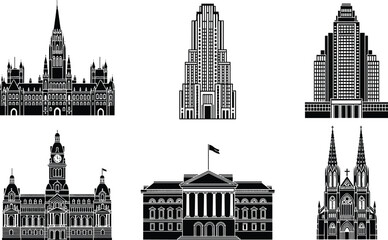 Famous landmark buildings silhouettes set, historic architecture icons isolated on white background, city travel monument illustration collection