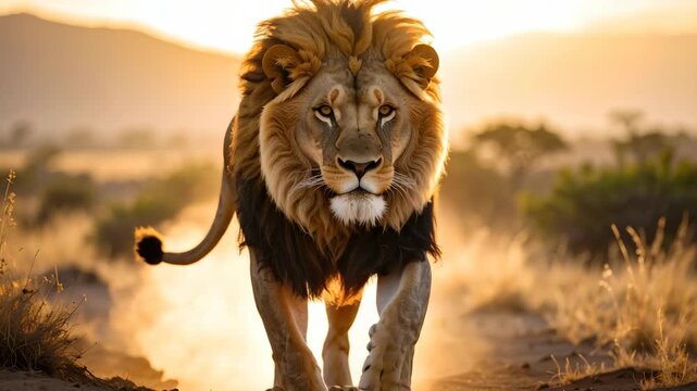 Powerful adult male lion with a large mane prowling through the dry grass of the wild African plains