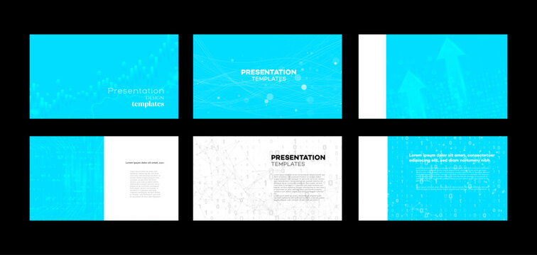 A collection of modern presentation slide templates. This set features blue technology and business themes, including data visualization, financial growth charts, and abstract backgrounds.
