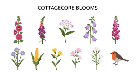 Illustration of ten cottagecore blooms and a robin against a white background © zyaa