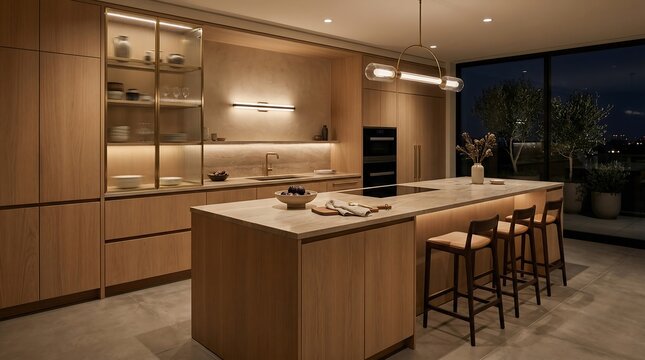 A contemporary kitchen interior featuring a large central island with a light-colored countertop and wooden cabinetry. Three cushioned bar stools line the island, which is decorated with a vase of dri