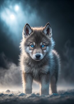 Gray wolf pup with bright blue eyes standing in misty forest