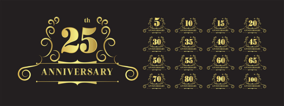 Set of elegant gold anniversary celebration logos. Includes 5, 10, 15, 20, 25, 30, 35, 40, 45, 50, 55, 60, 65, 70, 80, 90, and 100 year emblems on a black background.