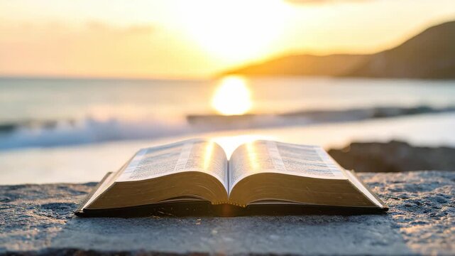 Open religious book on stone wall facing the sea during a golden sunset with bright sun flares