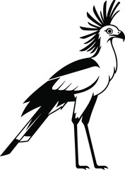 Secretarybird silhouette vector illustration, black elegant crested bird standing profile for wildlife Africa safari exotic nature zoo and tattoo designs