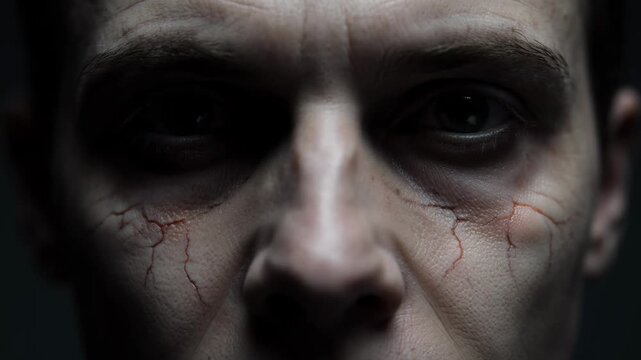 Intense cinematic close up of a human infected by a mysterious parasite, emphasis on facial texture, lifeless expression, and atmospheric horror mood for thriller and apocalyptic themes