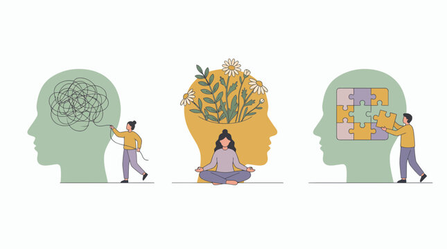 Vector of business managers managing mental health by untangling thoughts, meditation and puzzle solving inside human heads, concept for employee wellness, therapy and productivity training