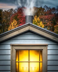 Tiny cabin roof with smoking chimney and glowing interior in fall forest
