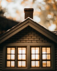 Cozy small house front gable with warm windows in autumn blur background
