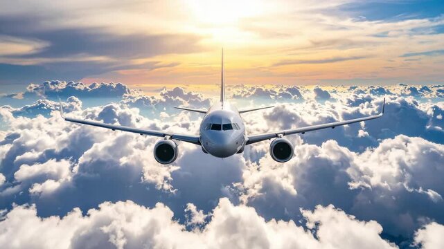 Front view of a large white commercial jet airliner soaring through fluffy clouds at sunset with golden light