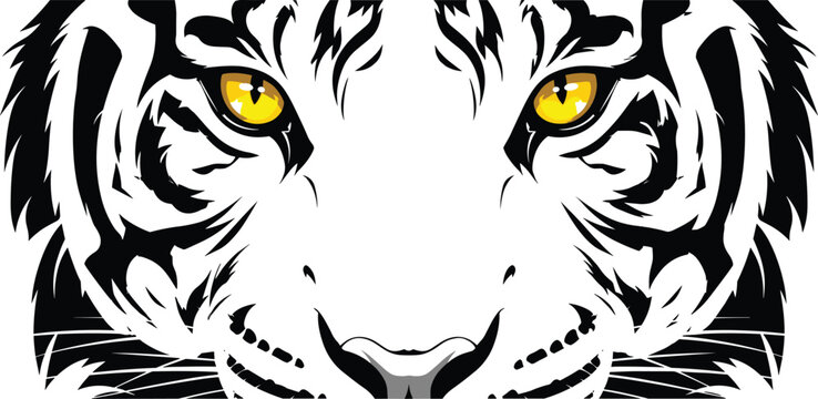 Fierce tiger face close-up vector illustration, glowing yellow eyes intense striped portrait for wildlife strength power tattoo logo and bold designs