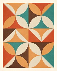Retro geometric pattern with orange, teal, cream semicircle abstract design
