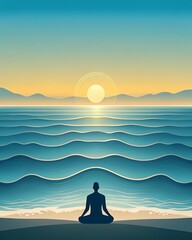 Abstract ocean waves with rising sun over distant mountains illustration
