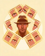 Adventurer portrait with film strip mandala of expressive faces illustration
