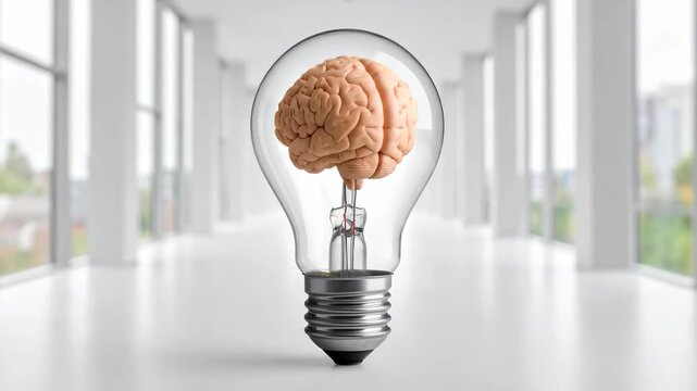Human brain inside a light bulb in a bright modern office corridor symbolizing innovation and creative intelligence