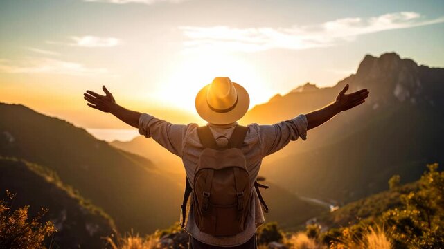 Male hiker with backpack and hat standing on mountain peak with open arms during golden hour sunset
