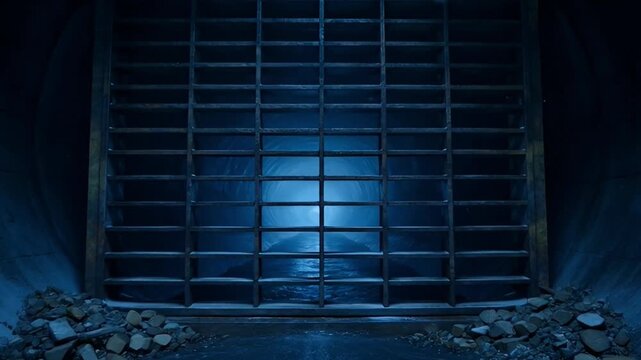 Abstract dark blue interior perspective with grid illumination