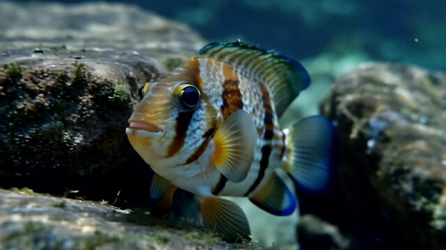 Close up of a captive texas holey rock cichlid swimming near boulders in clear water underwater