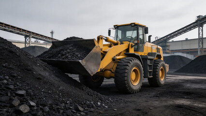 Yellow wheel loader actively works at coal mine, handling black coal in industrial mining site. Heavy machinery for coal extraction, part of mining industry operations.