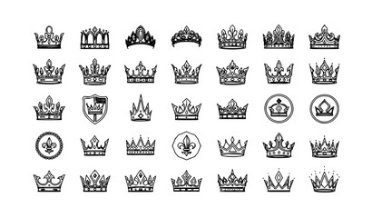 Monoline Royal Crown Vector Collection with King Queen Heraldic Crest and Luxury Brand Emblems © Shukimon