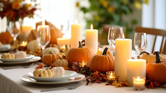 Elegant autumn dinner table setting with burning candles and decorative pumpkins for Thanksgiving celebration